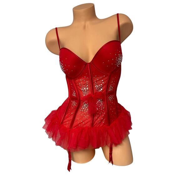 Victoria's Secret Red Swarovski Crystal Bustier Merry Widow Garters 34D - Picture 1 of 8